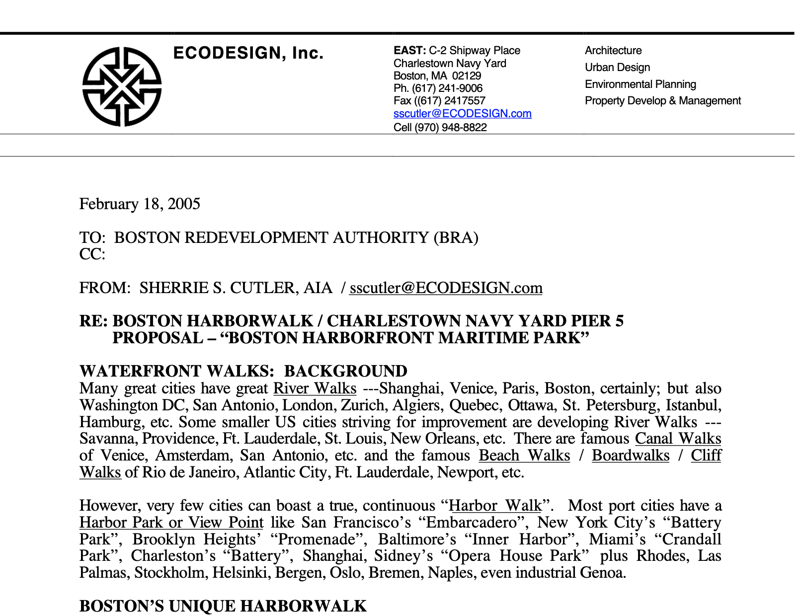 2005 BOSTON HARBORWALK / CHARLESTOWN NAVY YARD PIER 5PROPOSAL – “BOSTON HARBORFRONT MARITIME PARK”